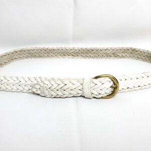 Womens White Braided Leather Belt Sz L Gold Tone Buckle
